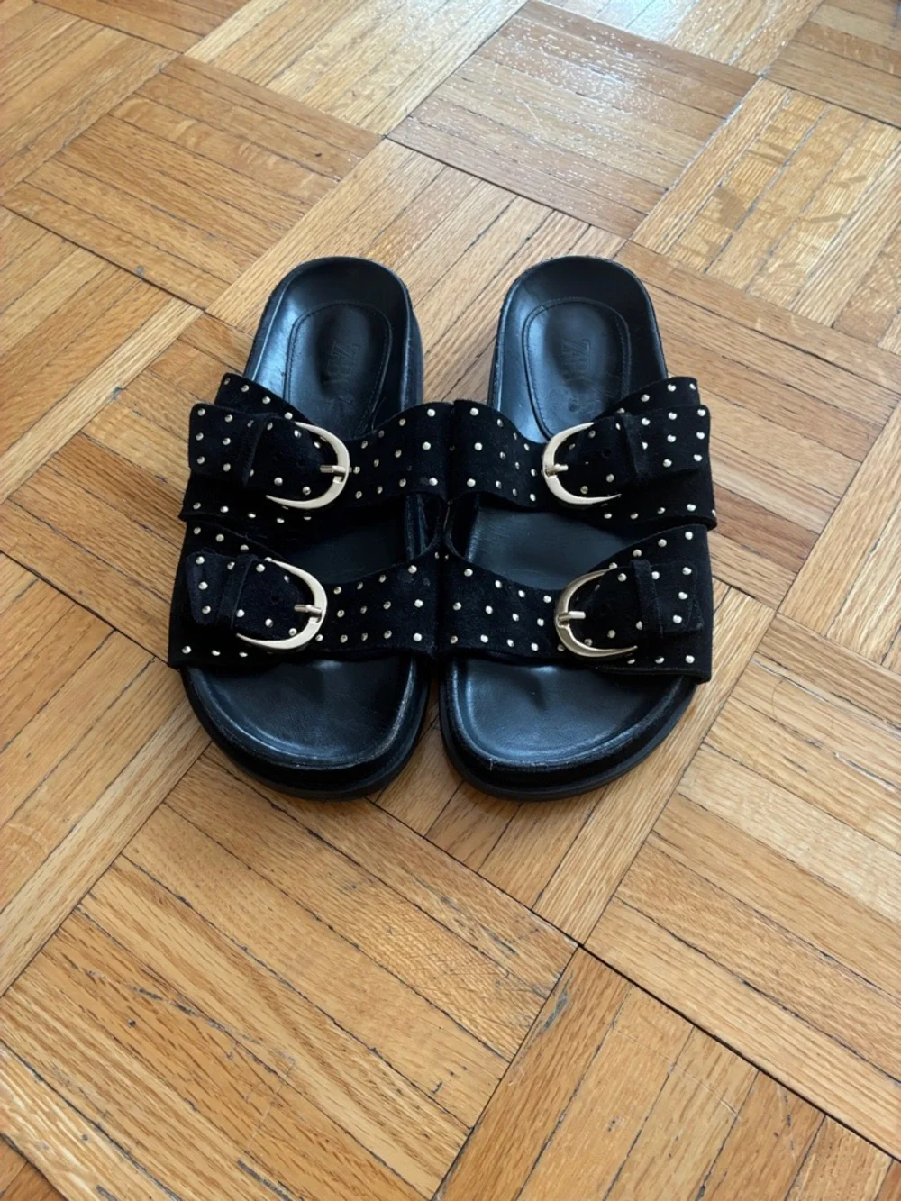 Black Studded Zara Double-Buckle Slide Sandals - Picture 1 of 5